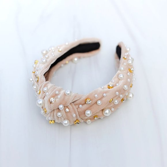 Champagne Pearl Knot Velvet Headband Pearl Beads Handmade Knotted Turban Bridal main image 10